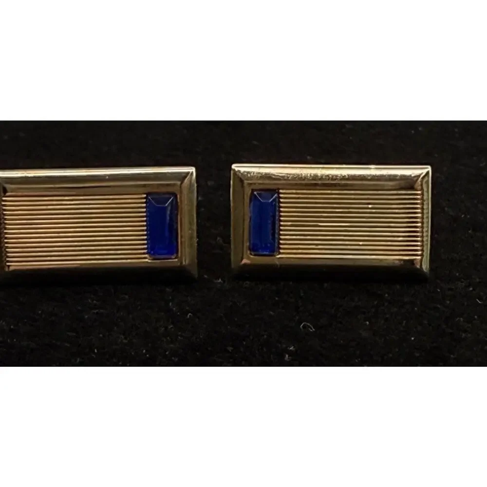 Art Deco Style Cufflinks Marked Anson Rectangle Gold Tone W/ Cobalt Blue 1960's